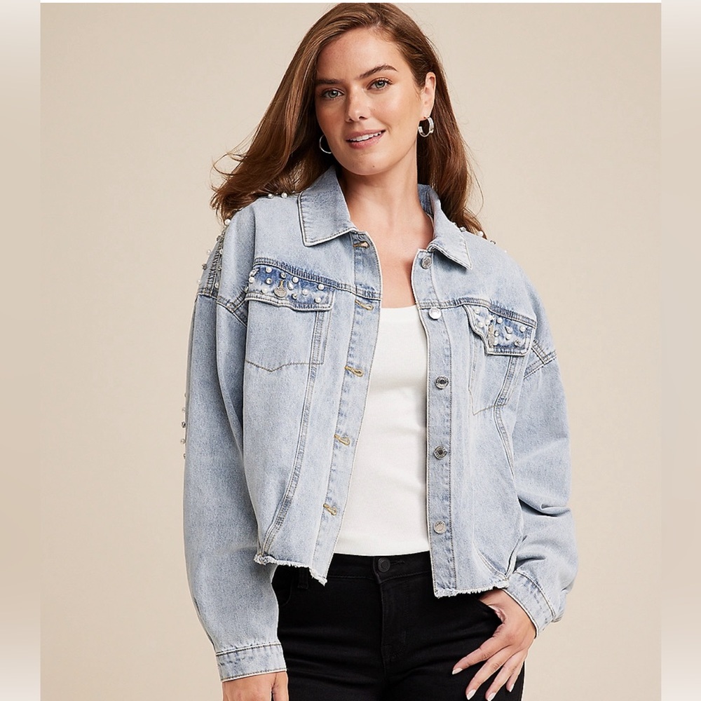 Embroidered Pearl Studded Denim Jacket size S